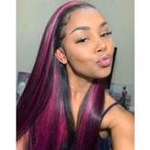 Black Hair Wig With Pink Highlight Stripes 100% Real Human Hair Wig